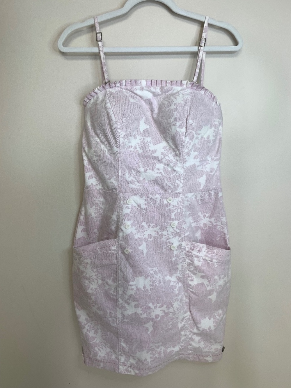 Maria Valentina Pink White Floral Denim Mini Dress Cotton Ruffle S